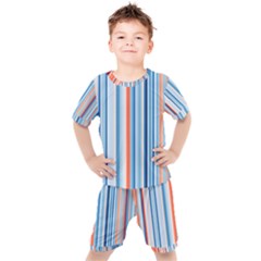 Blue And Coral Stripe 1 Kids  Tee And Shorts Set