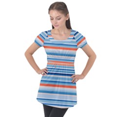 Blue And Coral Stripe 2 Puff Sleeve Tunic Top by dressshop