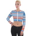 Blue And Coral Stripe 2 Long Sleeve Cropped Velvet Jacket View1