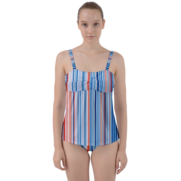 Blue And Coral Stripe 1 Twist Front Tankini Set