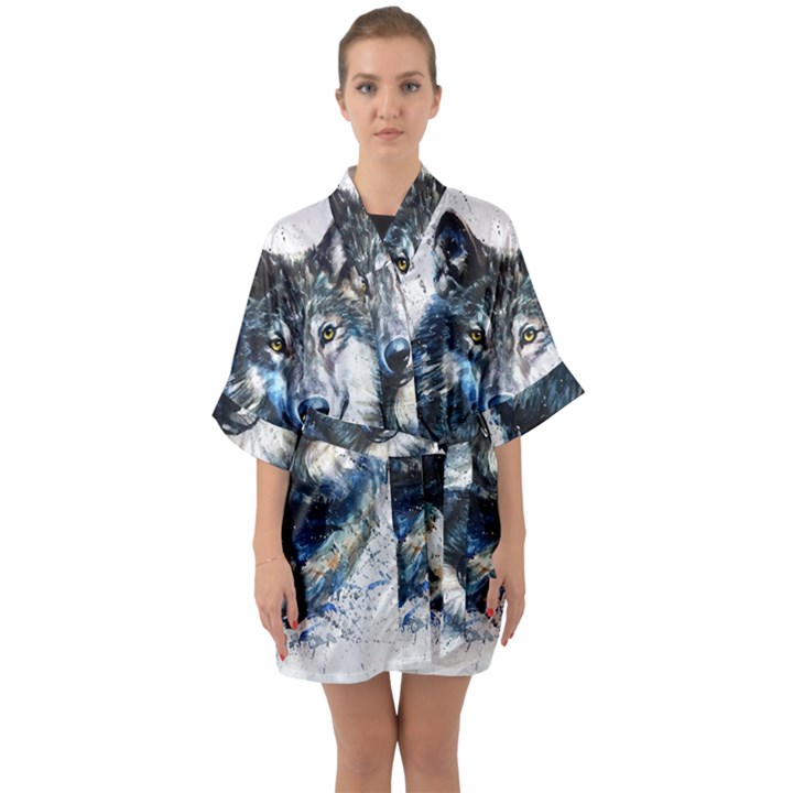 Gray Wolf - Forest King Quarter Sleeve Kimono Robe