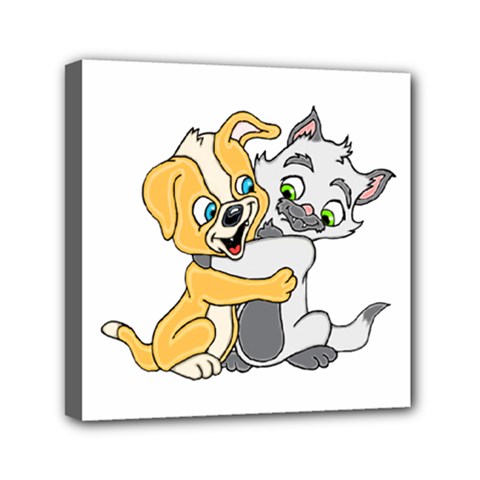 Puppy And Siamese Love Mini Canvas 6  X 6  (framed) by retrotoomoderndesigns