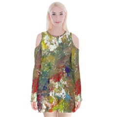 Original Abstract Art Velvet Long Sleeve Shoulder Cutout Dress