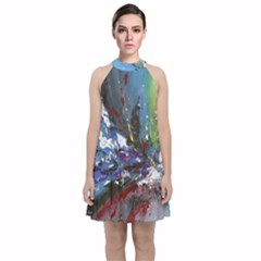 Original Abstract Art Velvet Halter Neckline Dress 