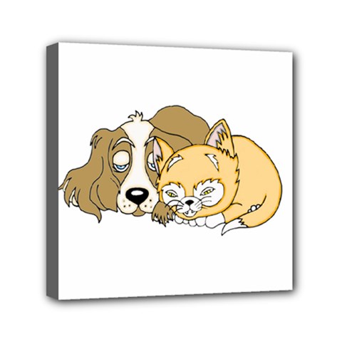 Dog And Kitten Nap Mini Canvas 6  X 6  (framed) by retrotoomoderndesigns