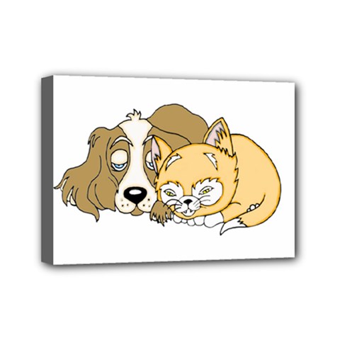 Dog And Kitten Nap Mini Canvas 7  X 5  (framed) by retrotoomoderndesigns