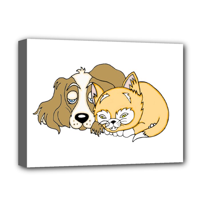 Dog And Kitten Nap Deluxe Canvas 16  x 12  (Framed) 