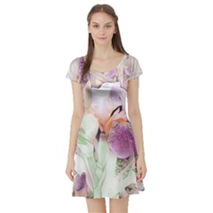 Iris Digital Painting Flower Pastel Short Sleeve Skater Dress by Pakrebo