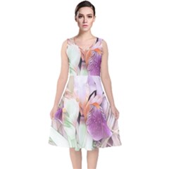 Iris Digital Painting Flower Pastel V-neck Midi Sleeveless Dress  by Pakrebo