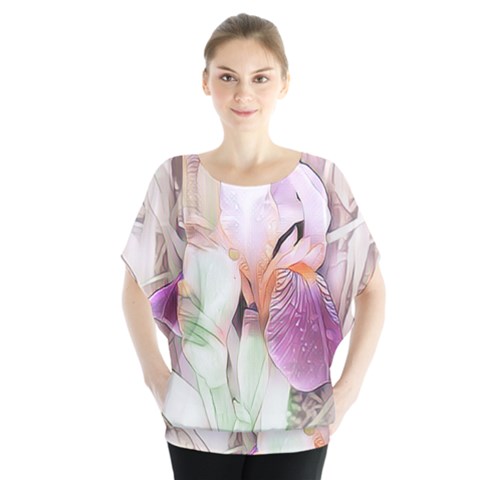 Iris Digital Painting Flower Pastel Batwing Chiffon Blouse by Pakrebo