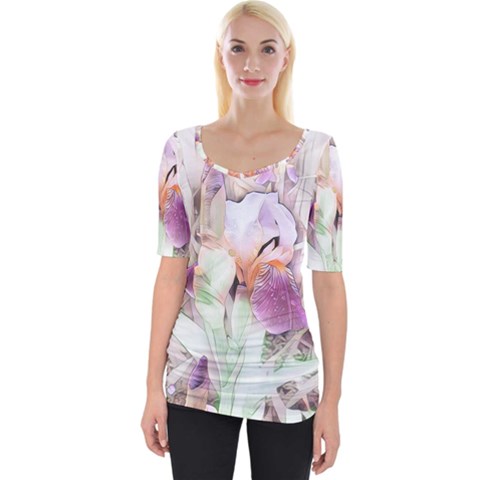 Iris Digital Painting Flower Pastel Wide Neckline Tee by Pakrebo