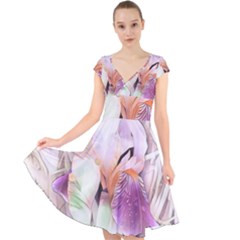 Iris Digital Painting Flower Pastel Cap Sleeve Front Wrap Midi Dress by Pakrebo