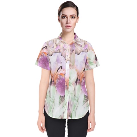 Iris Digital Painting Flower Pastel Women s Short Sleeve Shirt by Pakrebo