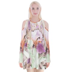 Iris Digital Painting Flower Pastel Velvet Long Sleeve Shoulder Cutout Dress by Pakrebo