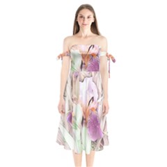 Iris Digital Painting Flower Pastel Shoulder Tie Bardot Midi Dress by Pakrebo