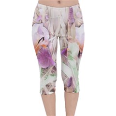 Iris Digital Painting Flower Pastel Velvet Capri Leggings 