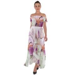 Iris Digital Painting Flower Pastel Off Shoulder Open Front Chiffon Dress by Pakrebo