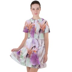 Iris Digital Painting Flower Pastel Short Sleeve Shoulder Cut Out Dress  by Pakrebo