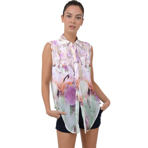 Iris Digital Painting Flower Pastel Sleeveless Chiffon Button Shirt by Pakrebo