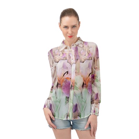 Iris Digital Painting Flower Pastel Long Sleeve Chiffon Shirt by Pakrebo