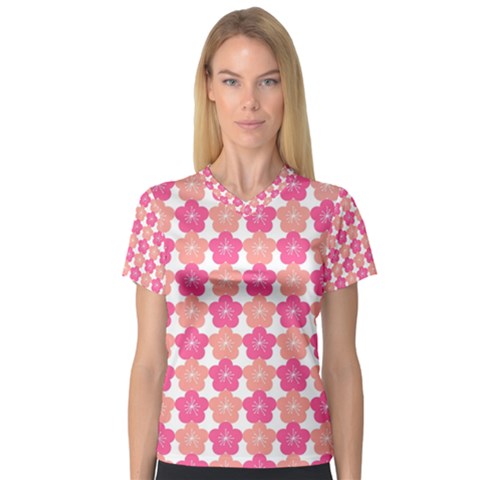 Sakura Flower Pattern V-neck Sport Mesh Tee by Pakrebo