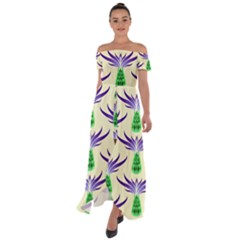 Thistles Purple Flora Flowering Off Shoulder Open Front Chiffon Dress