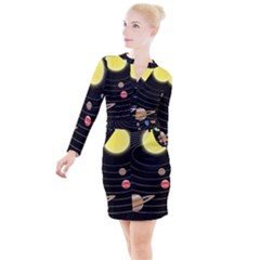 Solar System Planets Sun Space Button Long Sleeve Dress