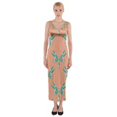 Turquoise Dragonfly Insect Paper Fitted Maxi Dress by Pakrebo