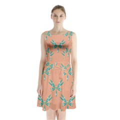 Turquoise Dragonfly Insect Paper Sleeveless Waist Tie Chiffon Dress by Pakrebo