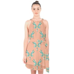 Turquoise Dragonfly Insect Paper Halter Collar Waist Tie Chiffon Dress by Pakrebo