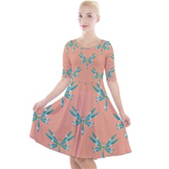 Turquoise Dragonfly Insect Paper Quarter Sleeve A-line Dress by Pakrebo