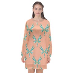 Turquoise Dragonfly Insect Paper Long Sleeve Chiffon Shift Dress  by Pakrebo