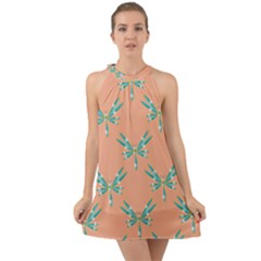 Turquoise Dragonfly Insect Paper Halter Tie Back Chiffon Dress by Pakrebo