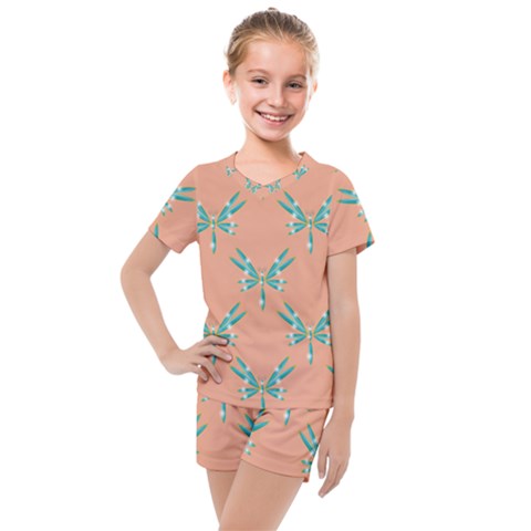 Turquoise Dragonfly Insect Paper Kids  Mesh Tee And Shorts Set by Pakrebo