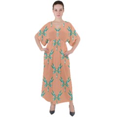 Turquoise Dragonfly Insect Paper V-neck Boho Style Maxi Dress