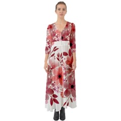 Watercolour Flowers Red Watercolor Button Up Boho Maxi Dress by Pakrebo