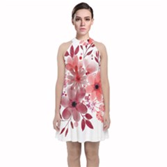 Watercolour Flowers Red Watercolor Velvet Halter Neckline Dress  by Pakrebo