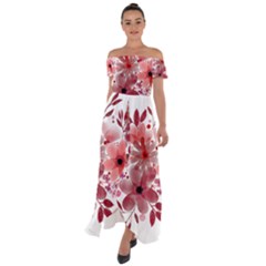 Watercolour Flowers Red Watercolor Off Shoulder Open Front Chiffon Dress