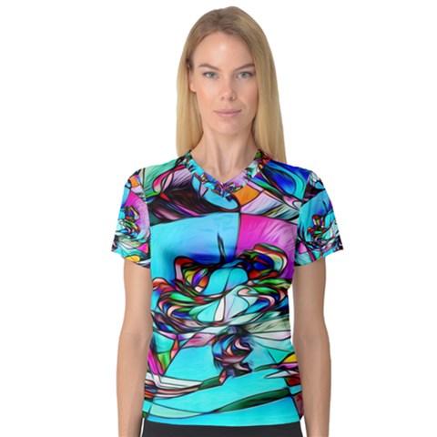 Abstract Flower Painting V-neck Sport Mesh Tee by Pakrebo