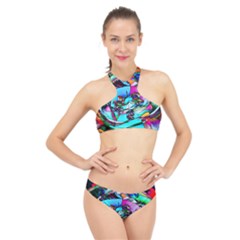 Abstract Flower Painting High Neck Bikini Set by Pakrebo