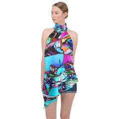 Abstract Flower Painting Halter Asymmetric Satin Top by Pakrebo