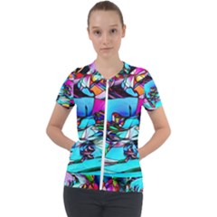 Abstract Flower Painting Short Sleeve Zip Up Jacket by Pakrebo