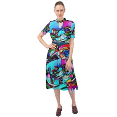 Abstract Flower Painting Keyhole Neckline Chiffon Dress