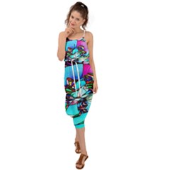 Abstract Flower Painting Waist Tie Cover Up Chiffon Dress