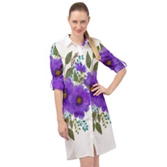 Watercolour Flowers Spring Floral Long Sleeve Mini Shirt Dress