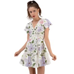 Spring Watercolour Flowers Flutter Sleeve Wrap Dress