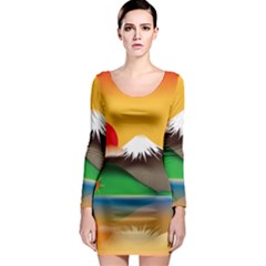 Mount Fuji Japan Lake Sun Sunset Long Sleeve Bodycon Dress by Pakrebo