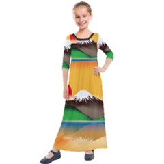 Mount Fuji Japan Lake Sun Sunset Kids  Quarter Sleeve Maxi Dress by Pakrebo