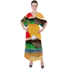 Mount Fuji Japan Lake Sun Sunset V-neck Boho Style Maxi Dress