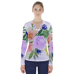 Watercolour Flowers Spring V-neck Long Sleeve Top by Pakrebo